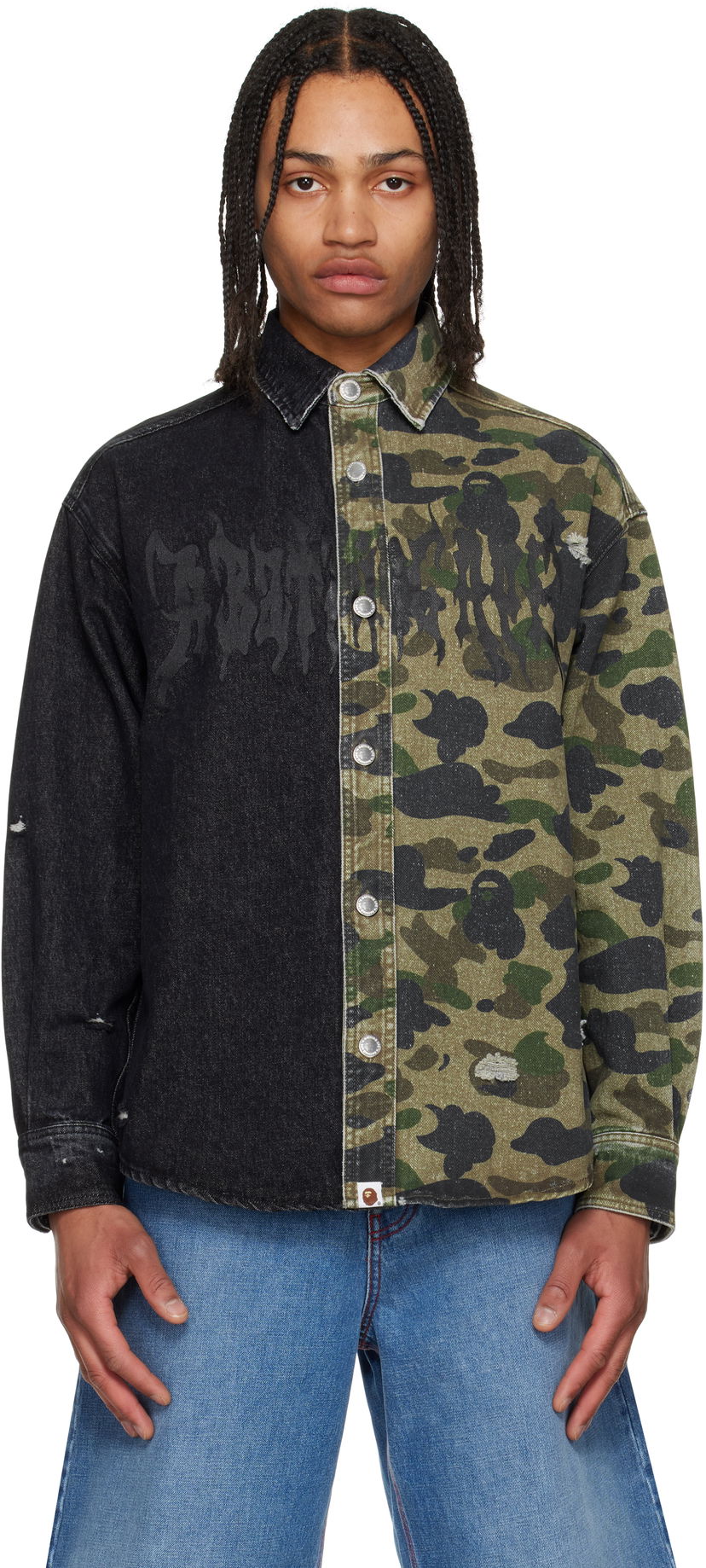 Srajce BAPE A Bathing Ape 1st Camo Destroyed Denim Shirt Črna | 001SHL301312M