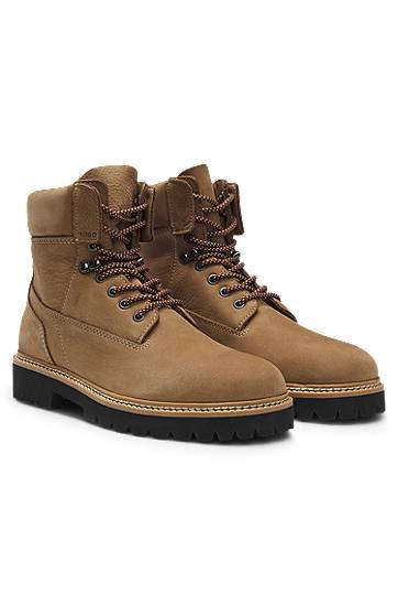 Superge in čevlji BOSS Nubuck-Leather Half Boots with Padded Collar Rjava | 50552695