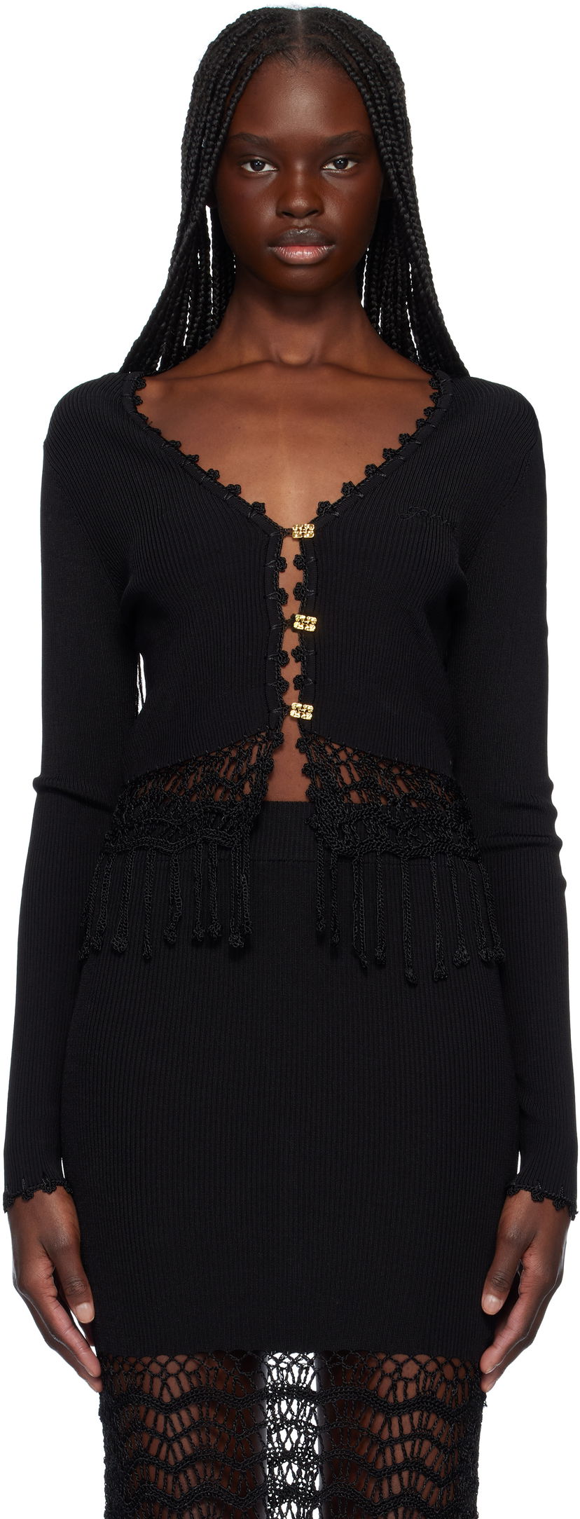 Pleteni pulover GANNI Ganni Shiny Viscose Crochet Cardigan Črna | K2433