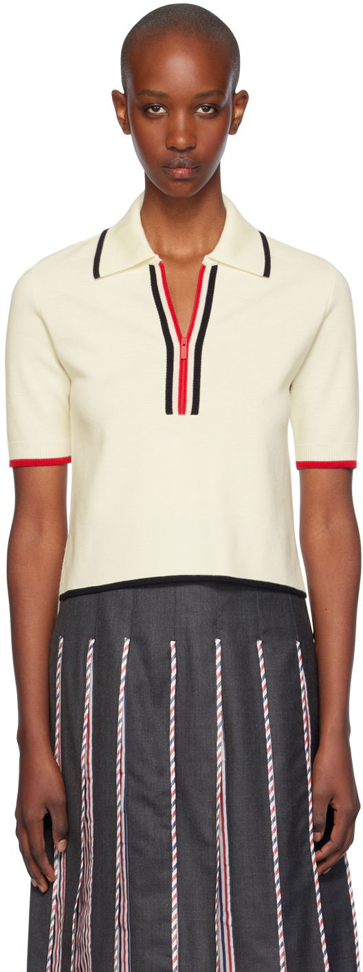 Polo majica Thom Browne Thom Browne Wool Zip Polo Bela | FKP109B-Y1037