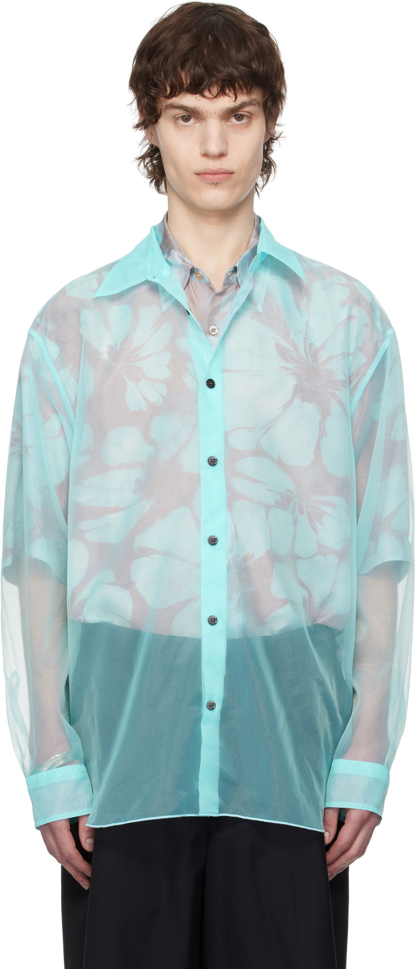 Srajce Dries Van Noten Dries Van Noten Organza Floral-Print Shirt Turkizna | 251-020732-1501