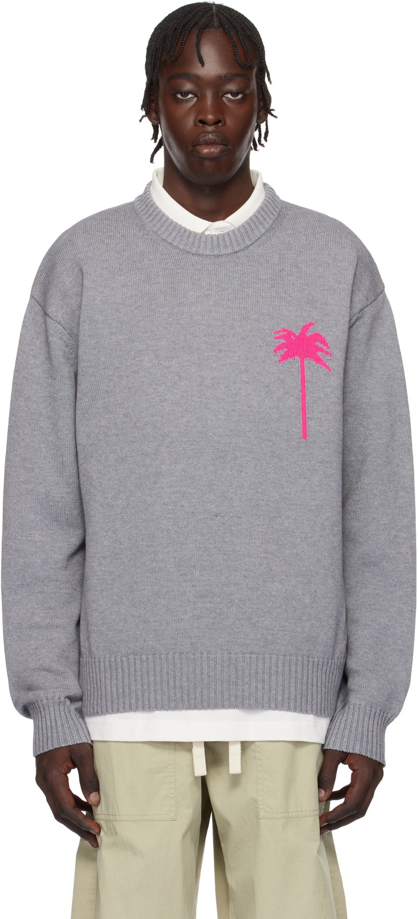 Pleteni pulover Palm Angels Knit Sweater With Palm Tree Embroidery Siva | PMHE080S25KNI0010832