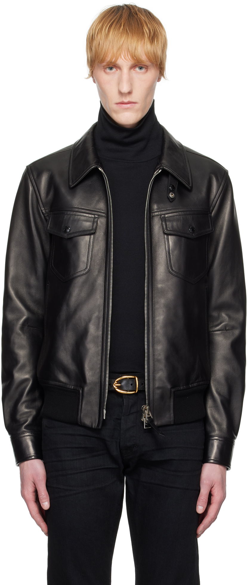 Bomber jakna Tom Ford TOM FORD Nappa Grain Collar Leather Jacket Črna | LBS061-LMN014S24