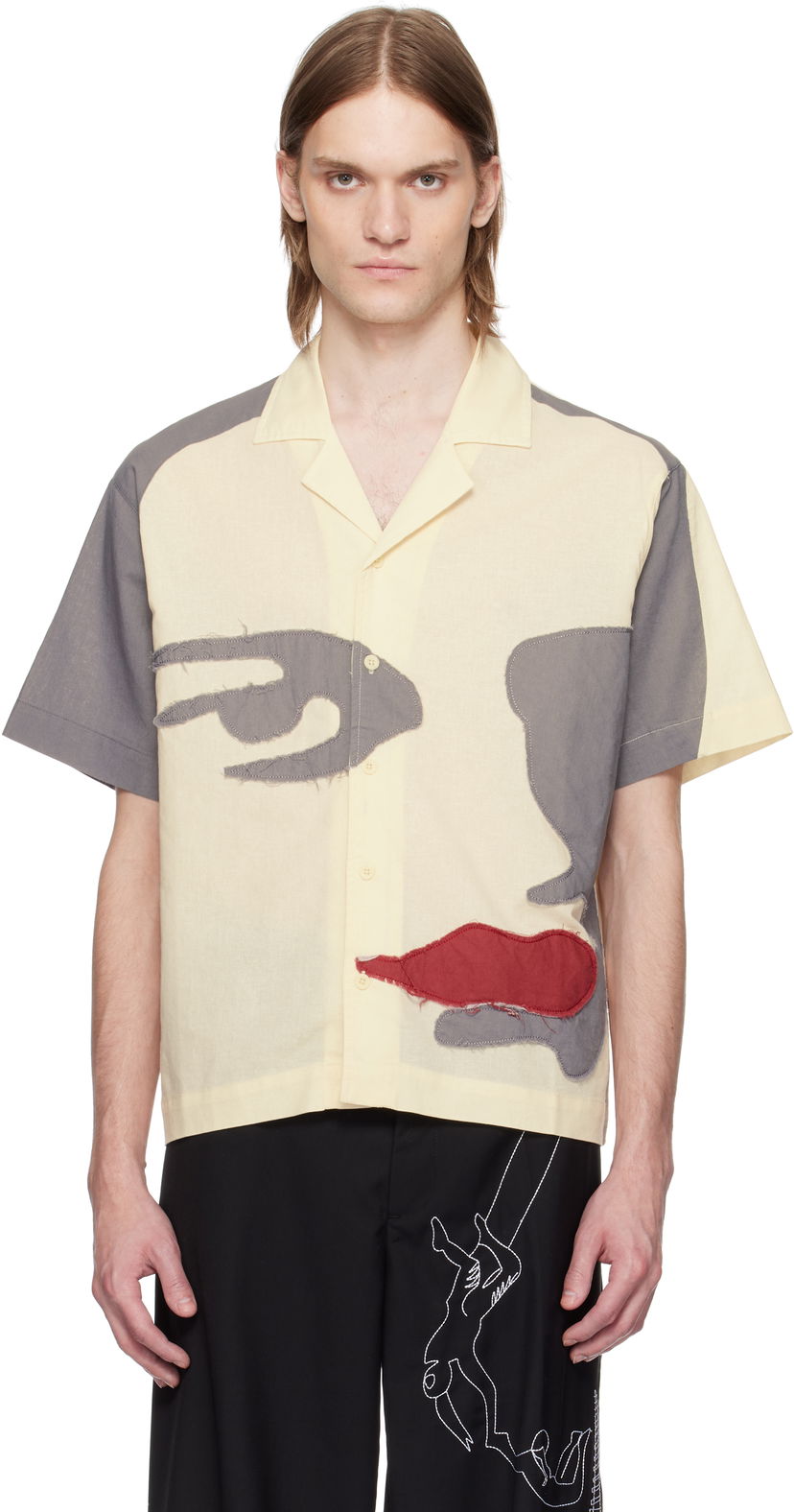 Srajce KidSuper KidSuper Patchwork Face Linen Camp Shirt Rumena | SS25-SST-01