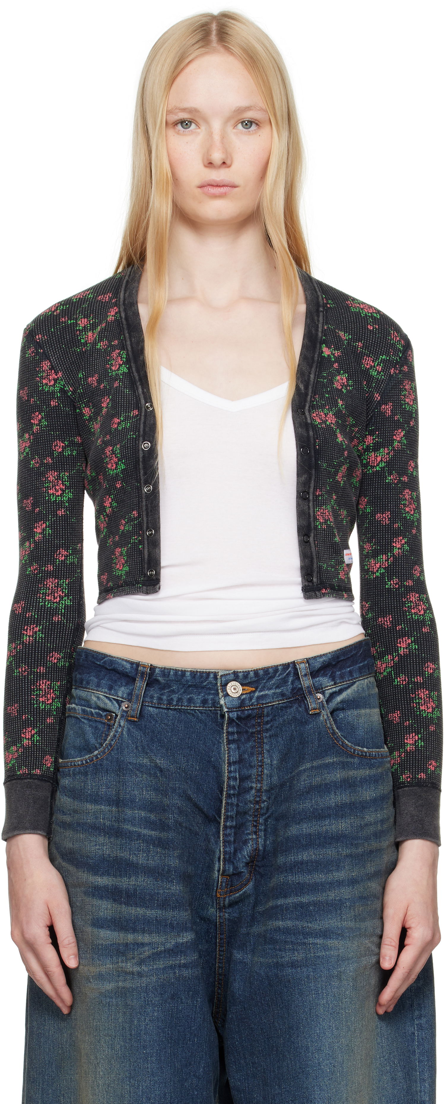 Pleteni pulover Alexander Wang Alexander Wang Floral-Print Waffle Knit Cropped Cardigan Črna | 8C4245810P, 0
