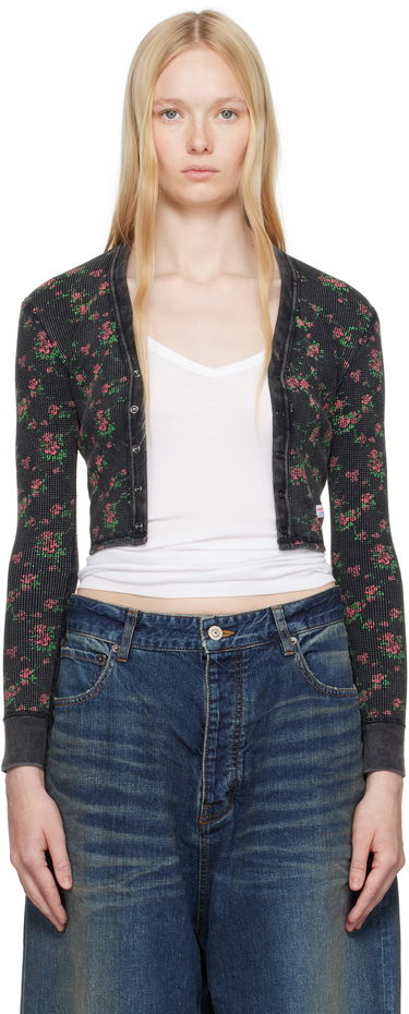 Pleteni pulover Alexander Wang Alexander Wang Floral-Print Waffle Knit Cropped Cardigan Črna | 8C4245810P, 0